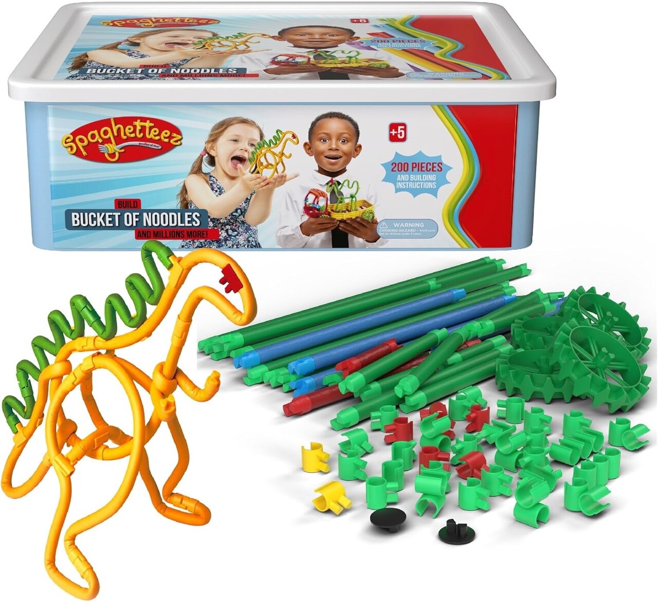 Spaghetteez Bucket of Noodles- Ultimate Flexible Connectible 200-piece STEM Building Set for Kids - Stretchy, Bendable Construction Toy for Creative Play- Ideal for Age 4+